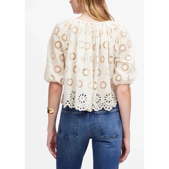 MADEWELL Embroidered Shirred Puff-Sleeve Top M Floral Eyelet Ivory Boho Peasant - Picture 4 of 12